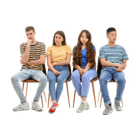 Obraz premium People waiting in line on white background