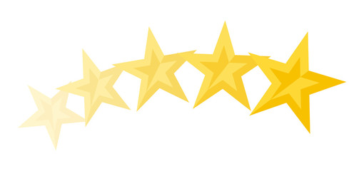 Five yellow stars flying. Customer product rating customer review. Appraisal in simple flat style. Level rank icon for app, website. Premium quality service. Isolated on white vector illustration