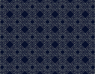 Geometric white figures repetion pattern set collage with dark blue at background.
