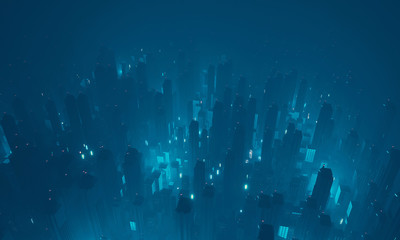 3D Rendering of futuristic virtual sci fi city from top view. Many high sky scrapper building towers.  Concept for night life, business vision, technology product 