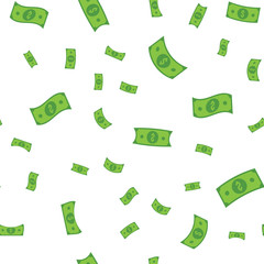 Dollar bills flying, illustrated money seamless pattern. Money rain.