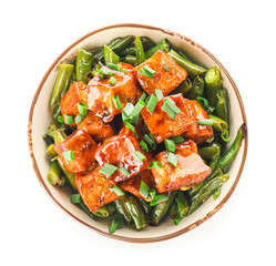 Bowl with tasty tofu cheese and vegetables on white background