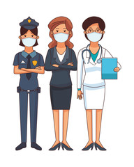 female doctor and police with businesswoman using face mask