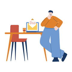 Man with laptop and envelope on desk vector design