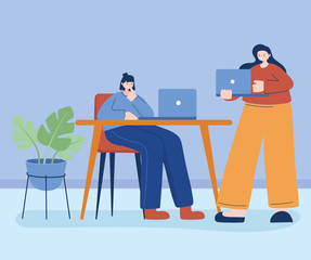 Women with laptop on desk vector design