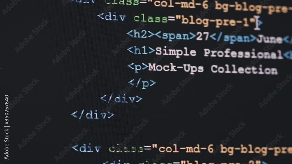 Fototapete 4K Close up shot HTML tag code on PC Monitor scroll down. Background concept for programming and coding web development.