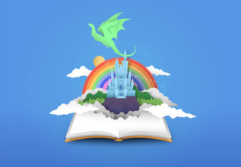 Open book of 3d papercut magic fantasy story - obrazy, fototapety, plakaty