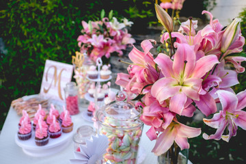 Pink flowers decoration, candies, jars, cupcakes and a 