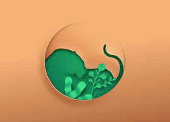 Tiger animal Paper cut with green eco leaf