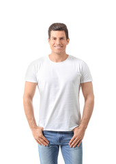 Man in stylish t-shirt on white background