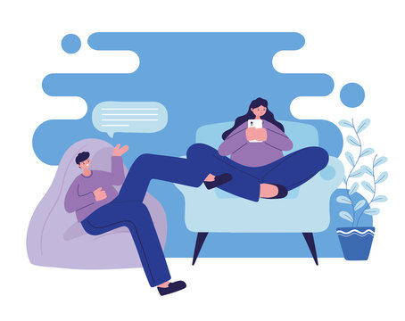 Woman and man on puf and chair with smartphone chatting vector design