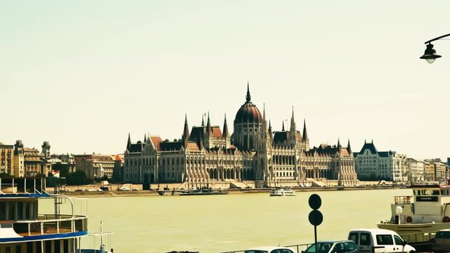Spectacular view of the Hungarian Parliament Building from across the Danube on the Buda side of Budapest city on a clear, bright day. 