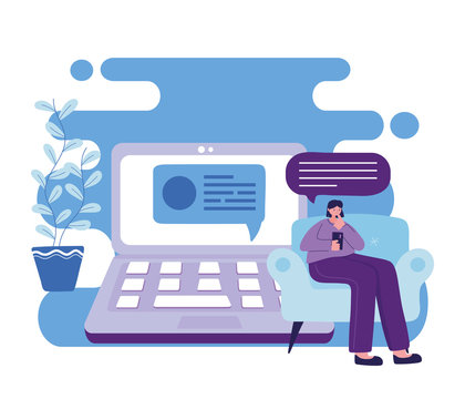 Woman on chair with smartphone and laptop chatting vector design