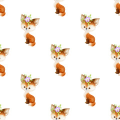 Obraz premium Seamless pattern with cute animals on a white background. Hand painted watercolor illustration.