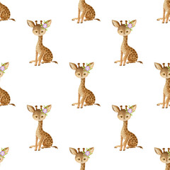 Seamless pattern with cute animals on a white background. Hand painted watercolor illustration.
