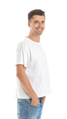 Fototapeta premium Man in stylish t-shirt on white background