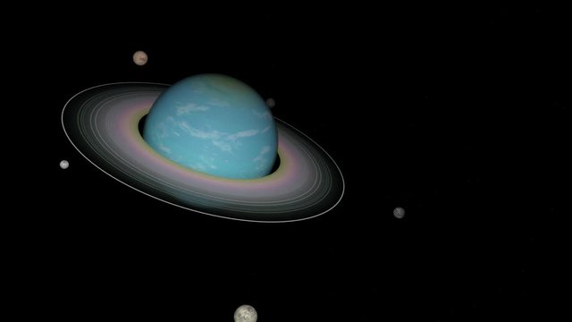 Uranus planet with moons, Oberon, Titan, Ubriel, Ariel and Miranda. 3D rendering animation. Blue Uranus planet with rings, rotating. 