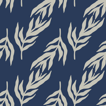 Jungle plants leaves seamless pattern on blue background. Vintage style tropical leaf wallpaper.
