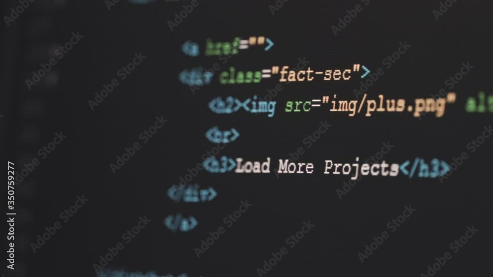 Leinwandbilder 4K Shift focus shot HTML tag code on PC Monitor. Background concept for programming and coding web development.