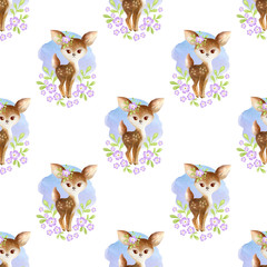 Seamless pattern with cute animals on a white background. Hand painted watercolor illustration.