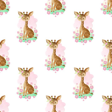 Seamless pattern with cute animals on a white background. Hand painted watercolor illustration.