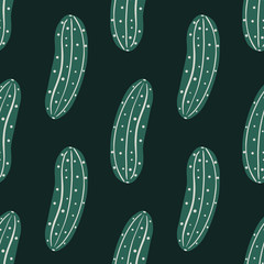 Geometric cucumber seamless pattern on black background. Doodle cucumbers vegetable endless wallpaper.