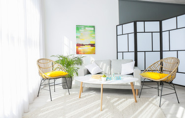 Interior of modern room with comfortable sofa