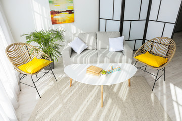 Interior of modern room with comfortable sofa