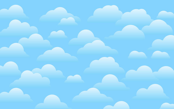 Background blue sky cartoon flat style with border of white clouds. Abstract cover cloudy day landscape of air effect, text box for poster, flyer, postcard, web, banner. Vector illustration