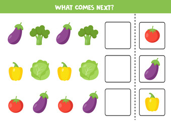 What comes next with cartoon vegetables. Eggplant, broccoli, tomato, pepper, cabbage