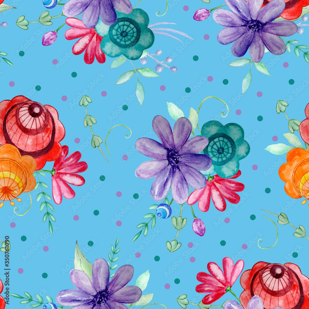 Wall mural pattern Russian red and orange flowers on a blue background