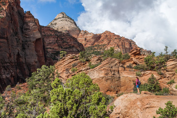 Fototapeta premium Female Hiker on The Canyon Overlook Trail, Zion National Park, Utah, USA