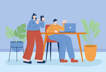 Fototapeta na wymiar Woman and man with smartphone and laptop on desk vector design