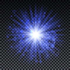 Blue burst on transparent background with sparkles and bokeh. Blue star glow effect. Magic burst for cads, invitations, poster and web. Futuristic vector design.
