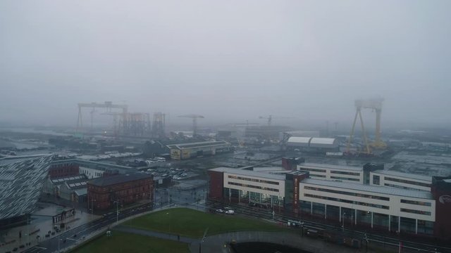 Aerial view of Belfast Harland And Wolf Ship Yard cranes