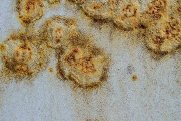 Focal rust on old paint. Contour in form of a molecule. Swelling, dispersion.