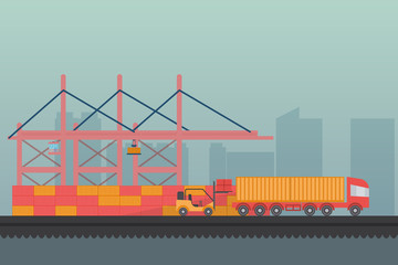 Cargo truck in the port are loading and unloading goods to various stores for trade. Services, importing, exporting to all over the world in the country for wholesale and retail trading business.