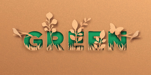 Green 3D paper cut nature quote label concept