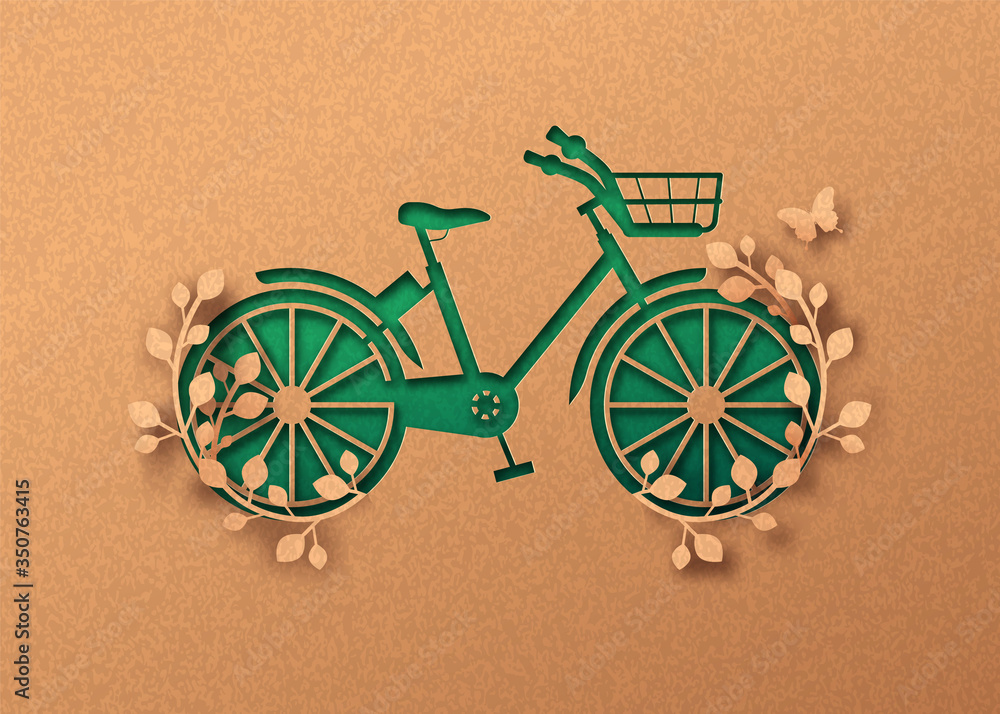 Wall mural Green paper cut eco plant leaf bike concept