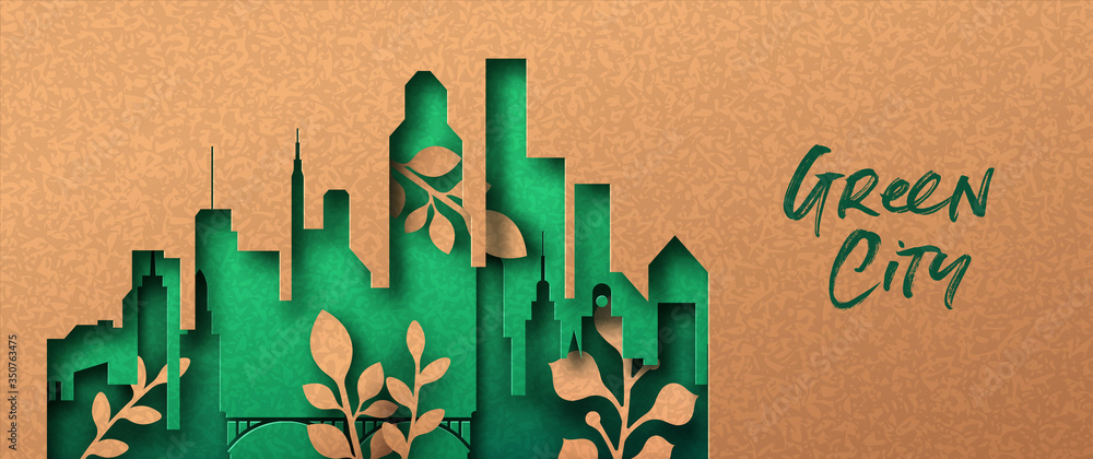 Sticker green city 3d papercut banner concept