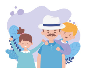 Father son and daughter with leaves on fathers day vector design