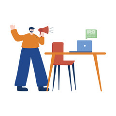 Man avatar with megaphone and desk vector design