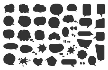 Comic speech bubble black set. Glyph silhouette empty text banner different shape. Abstract icon blank bubbles. Comics graphic balloon template for design message Isolated on white vector illustration