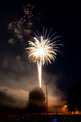 Explosive colorful fireworks display celebrating the fourth of July holiday leaving room for copy..