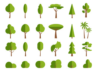 Green flat tree and bush, cartoon icon set. Different shape spring forest, park, garden, birch, fir, palm, symbol. Summer season eco organic plant, simple sign. Isolated on white vector illustration