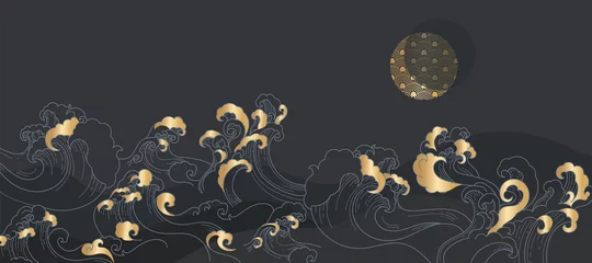  vectorillustratie van een abstracte achtergrond Japanse gouden golf in donkere nacht met halve maan © babeer