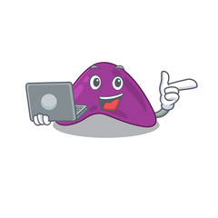 Smart cartoon character of adrenal studying at home with a laptop