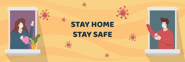 Man and Woman wearing face mask standing at windows condominium while looking outside for quarantine. People stay home as social distancing to protect from COVID-19 Coronavirus outbreak. vector.