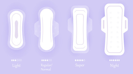 Women hygiene pads. Set of vector icons isolated on violet background with shadow. Different sizes of feminine sanitary napkin products. Personal hygiene elements in flat style. © KeronnArt