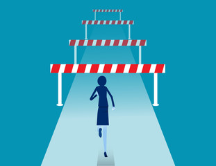 Face front of many obstacles. Barriers on the way to success concept. Flat vector cartoon style - obrazy, fototapety, plakaty